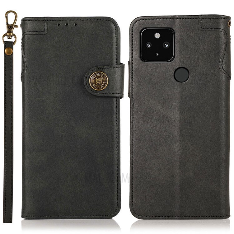 KHAZNEH Shockproof Leather Wallet Case Stand Shell with Handy Strap for Google Pixel 4a 5G - Black-1