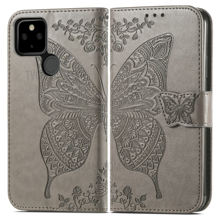 Imprint Big Butterfly Leather Wallet Phone Shell for Google Pixel 5a - Grey-1