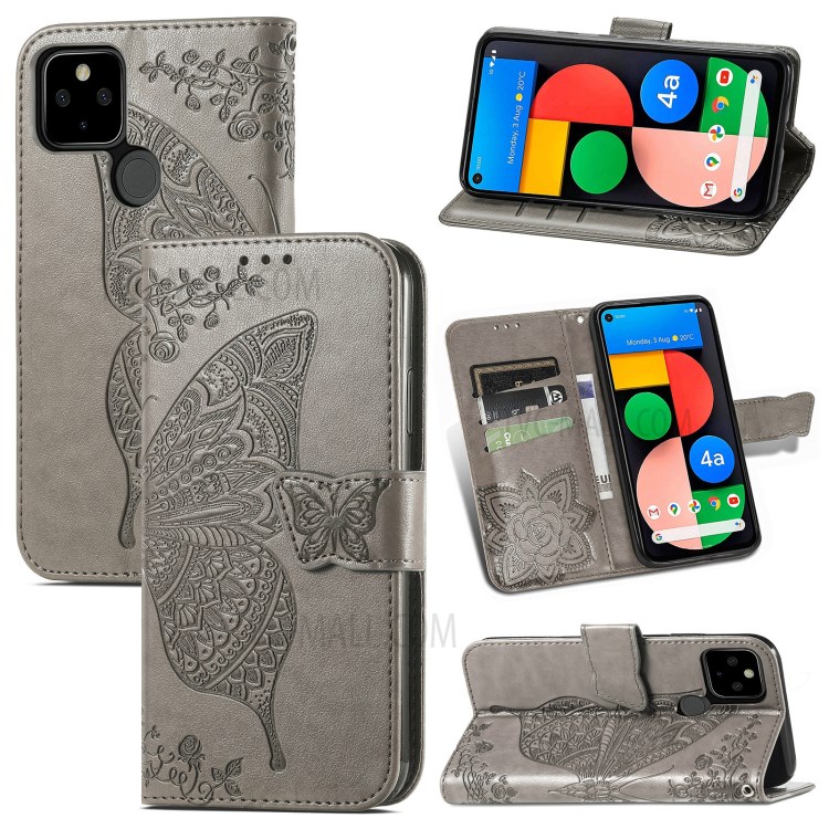 Imprint Big Butterfly Leather Wallet Phone Shell for Google Pixel 5a - Grey-11