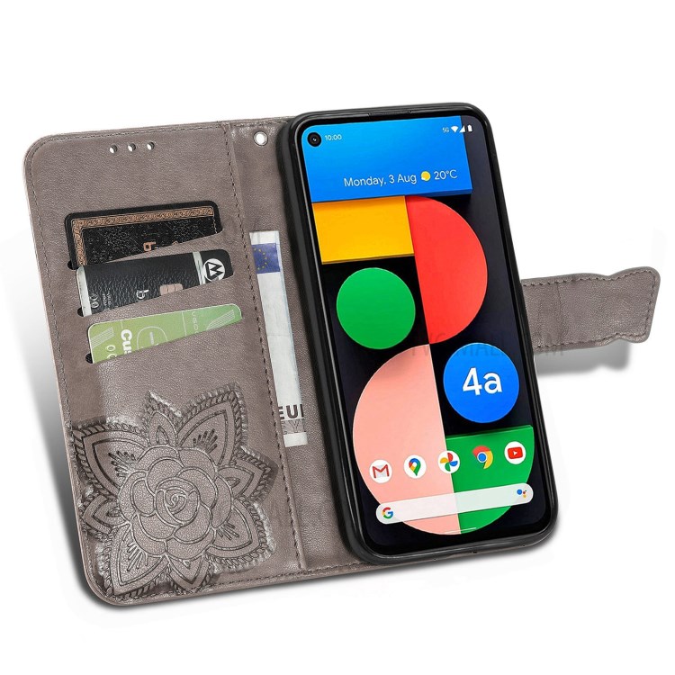 Imprint Big Butterfly Leather Wallet Phone Shell for Google Pixel 5a - Grey-2
