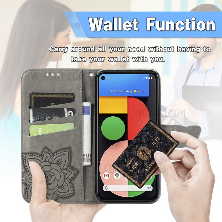 Imprint Big Butterfly Leather Wallet Phone Shell for Google Pixel 5a - Grey-4