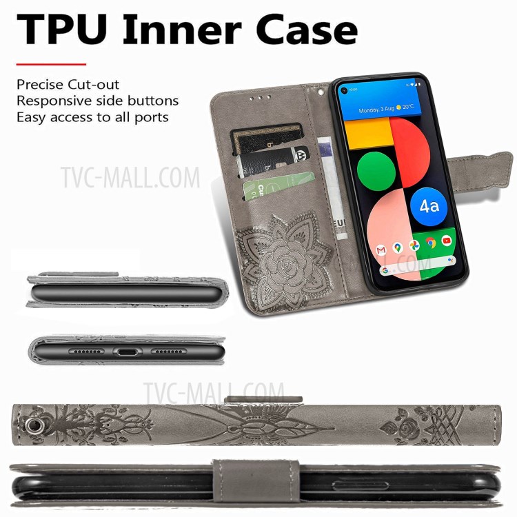 Imprint Big Butterfly Leather Wallet Phone Shell for Google Pixel 5a - Grey-5