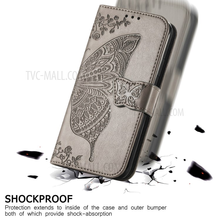 Imprint Big Butterfly Leather Wallet Phone Shell for Google Pixel 5a - Grey-6