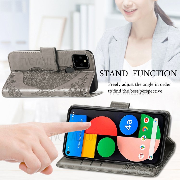 Imprint Big Butterfly Leather Wallet Phone Shell for Google Pixel 5a - Grey-7