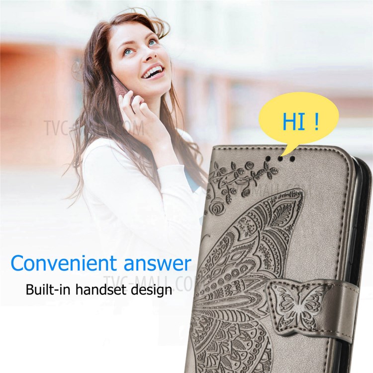 Imprint Big Butterfly Leather Wallet Phone Shell for Google Pixel 5a - Grey-8