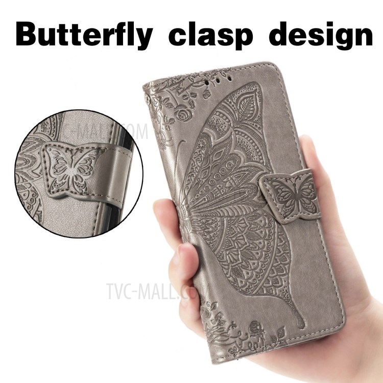 Imprint Big Butterfly Leather Wallet Phone Shell for Google Pixel 5a - Grey-9