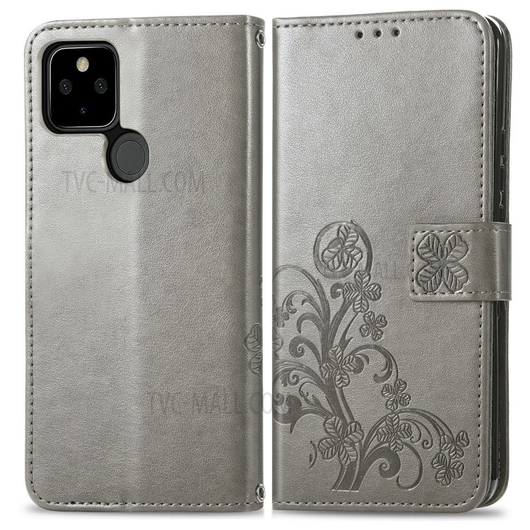 Imprinted Four-leaf Clover Wallet Leather Case for Google Pixel 5a 5G - Grey-1