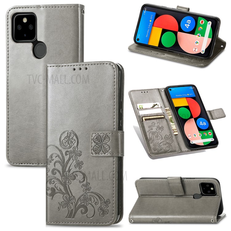 Imprinted Four-leaf Clover Wallet Leather Case for Google Pixel 5a 5G - Grey-13