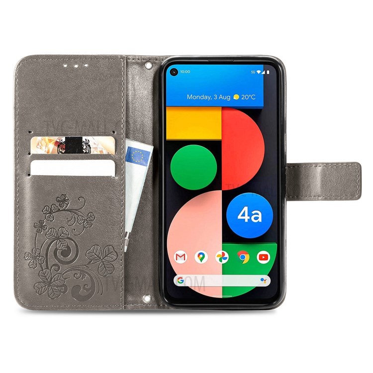 Imprinted Four-leaf Clover Wallet Leather Case for Google Pixel 5a 5G - Grey-2
