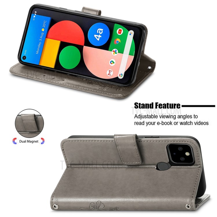 Imprinted Four-leaf Clover Wallet Leather Case for Google Pixel 5a 5G - Grey-3