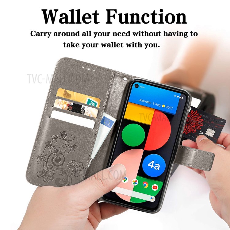 Imprinted Four-leaf Clover Wallet Leather Case for Google Pixel 5a 5G - Grey-5