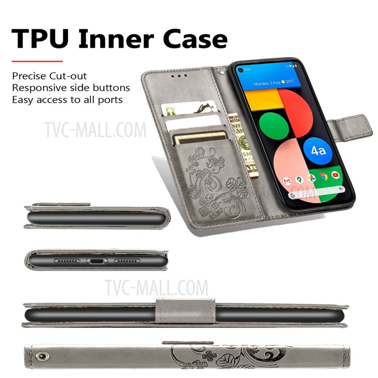 Imprinted Four-leaf Clover Wallet Leather Case for Google Pixel 5a 5G - Grey-6