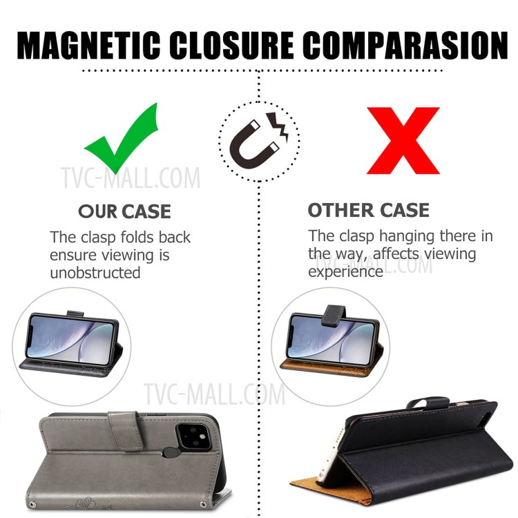Imprinted Four-leaf Clover Wallet Leather Case for Google Pixel 5a 5G - Grey-7