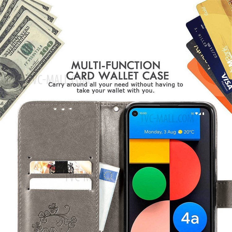 Imprinted Four-leaf Clover Wallet Leather Case for Google Pixel 5a 5G - Grey-8