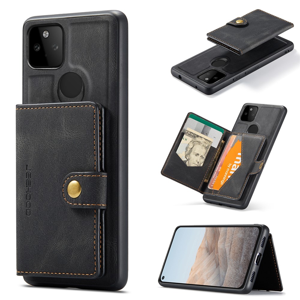 JEEHOOD Magnetic Clasp Wallet Design Detachable 2-in-1 Leather Coated TPU Phone Case for Google Pixel 5a 5G - Black-16