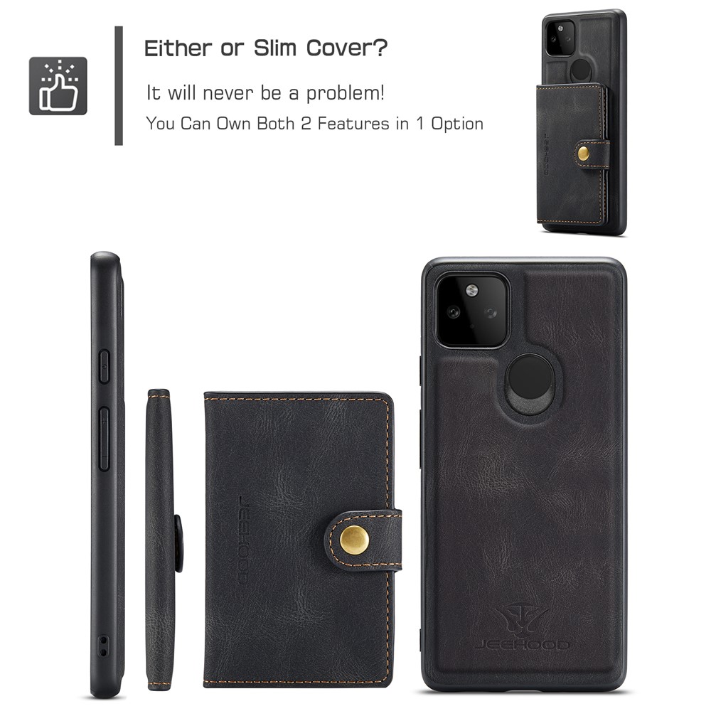 JEEHOOD Magnetic Clasp Wallet Design Detachable 2-in-1 Leather Coated TPU Phone Case for Google Pixel 5a 5G - Black-4