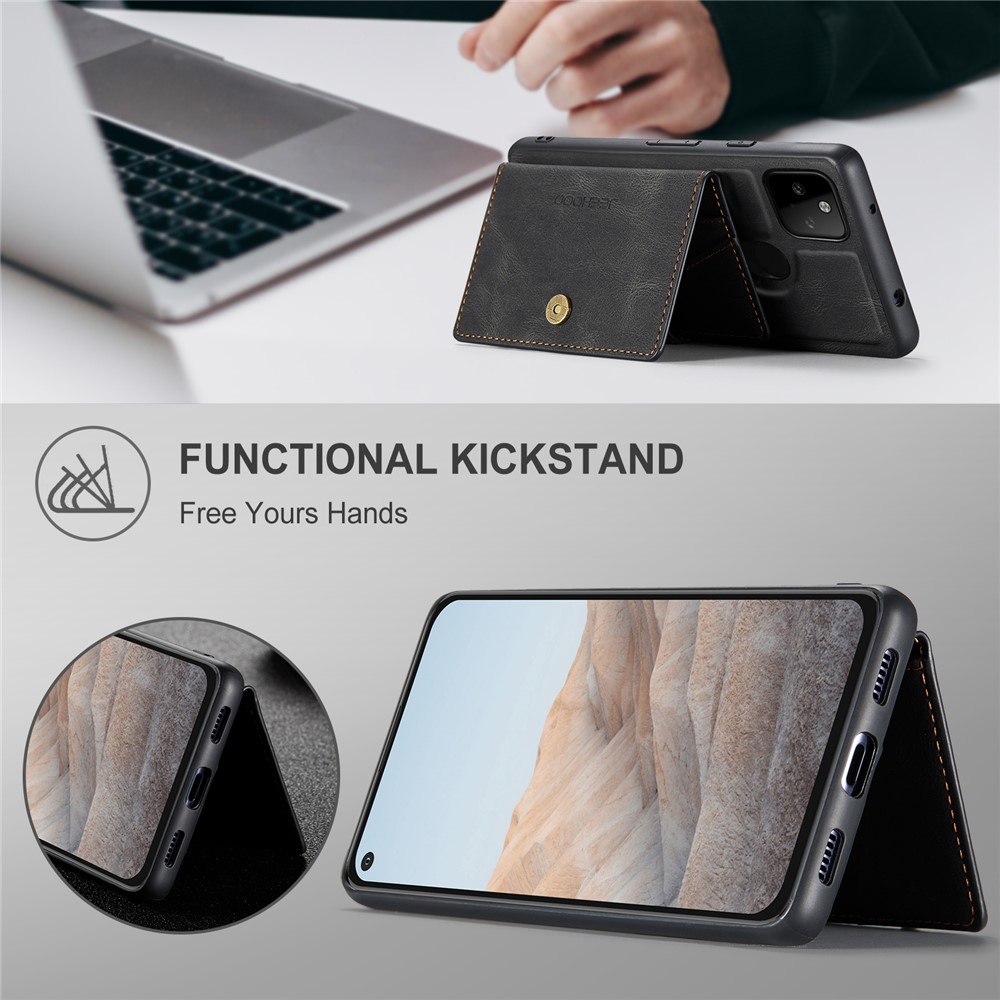 JEEHOOD Magnetic Clasp Wallet Design Detachable 2-in-1 Leather Coated TPU Phone Case for Google Pixel 5a 5G - Black-6
