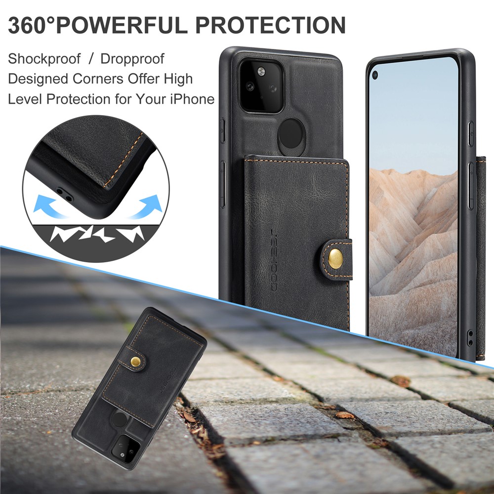 JEEHOOD Magnetic Clasp Wallet Design Detachable 2-in-1 Leather Coated TPU Phone Case for Google Pixel 5a 5G - Black-7