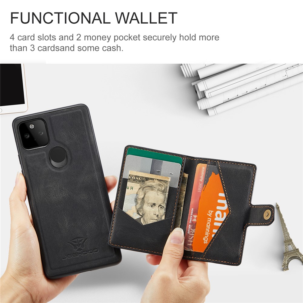 JEEHOOD Magnetic Clasp Wallet Design Detachable 2-in-1 Leather Coated TPU Phone Case for Google Pixel 5a 5G - Black-8