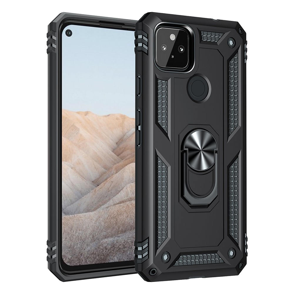 Anti-Fall Hybrid PC + TPU Phone Case Shell with Finger Ring Kickstand for Google Pixel 5a - Black-2