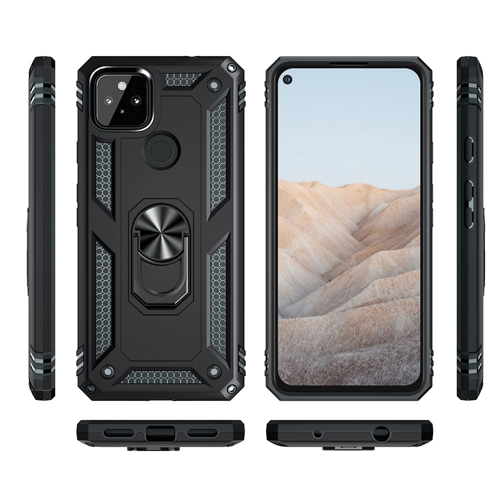 Anti-Fall Hybrid PC + TPU Phone Case Shell with Finger Ring Kickstand for Google Pixel 5a - Black-3
