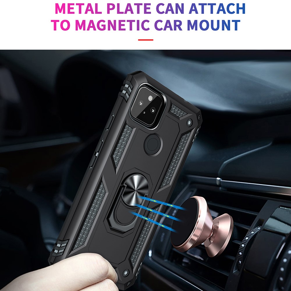 Anti-Fall Hybrid PC + TPU Phone Case Shell with Finger Ring Kickstand for Google Pixel 5a - Black-6