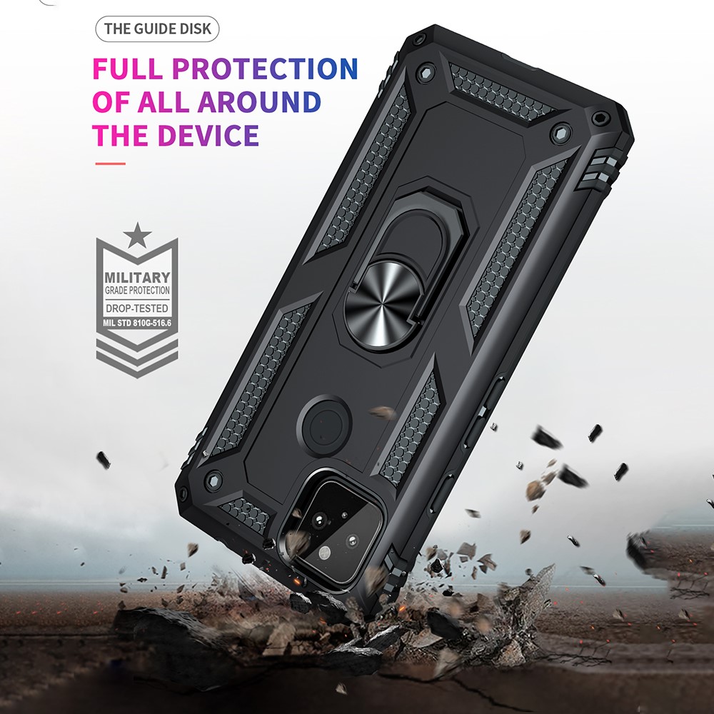 Anti-Fall Hybrid PC + TPU Phone Case Shell with Finger Ring Kickstand for Google Pixel 5a - Black-7