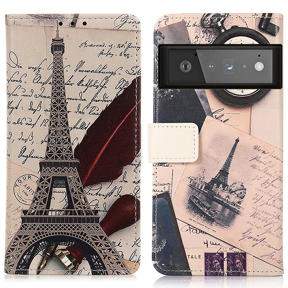 Full Protection Pattern Printing Design Wallet PU Leather Protector Phone Stand Cover for Google Pixel 6 Pro - Eiffel Tower and Feather-1