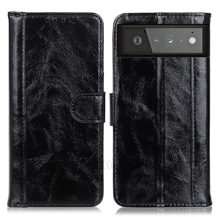 Crazy Horse Texture Leather Mobile Phone Shell Case with Wallet Stand for Google Pixel 6 - Black-1