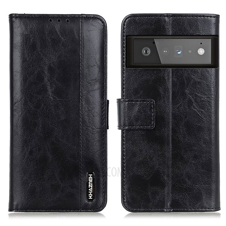 For Google Pixel 6 Pro Drop-proof Tri-Color Braid Decor Leather Stand Case with Wallet Design - Black-1