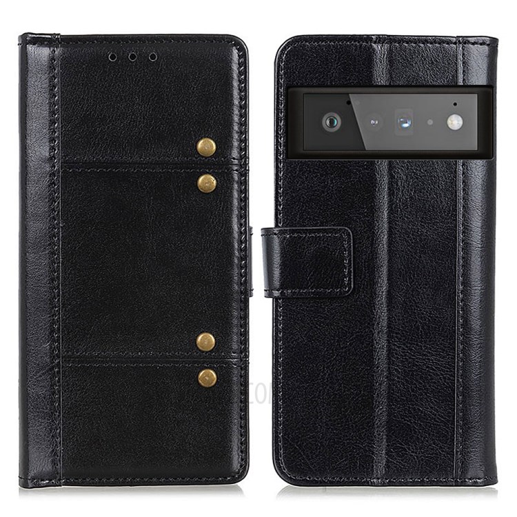 Rivet Decor Drop-proof Crazy Horse Texture Wallet Design Leather Stand Case for Google Pixel 6 Pro - Black-1