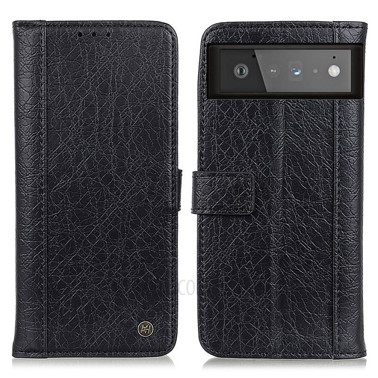 Rhino Texture Split Leather Soft TPU Protective Case Cover with Wallet Design for Google Pixel 6 - Black-1