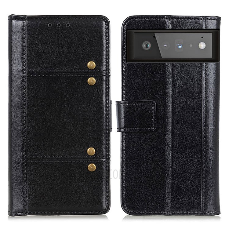Rivet Decor Crazy Horse Texture Drop-proof Wallet Design Leather Stand Case for Google Pixel 6 - Black-1