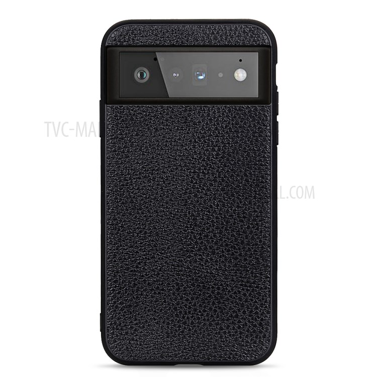 Litchi Skin Genuine Leather Coated PC+TPU Combo Phone Back Case Shell for Google Pixel 6 - Black-1