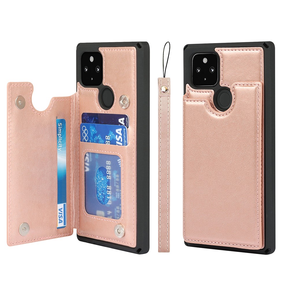 Well-Protected Kickstand Card Slots PU Leather + TPU Hybrid Phone Case with Strap for Google Pixel 4a 5G - Rose Gold-1