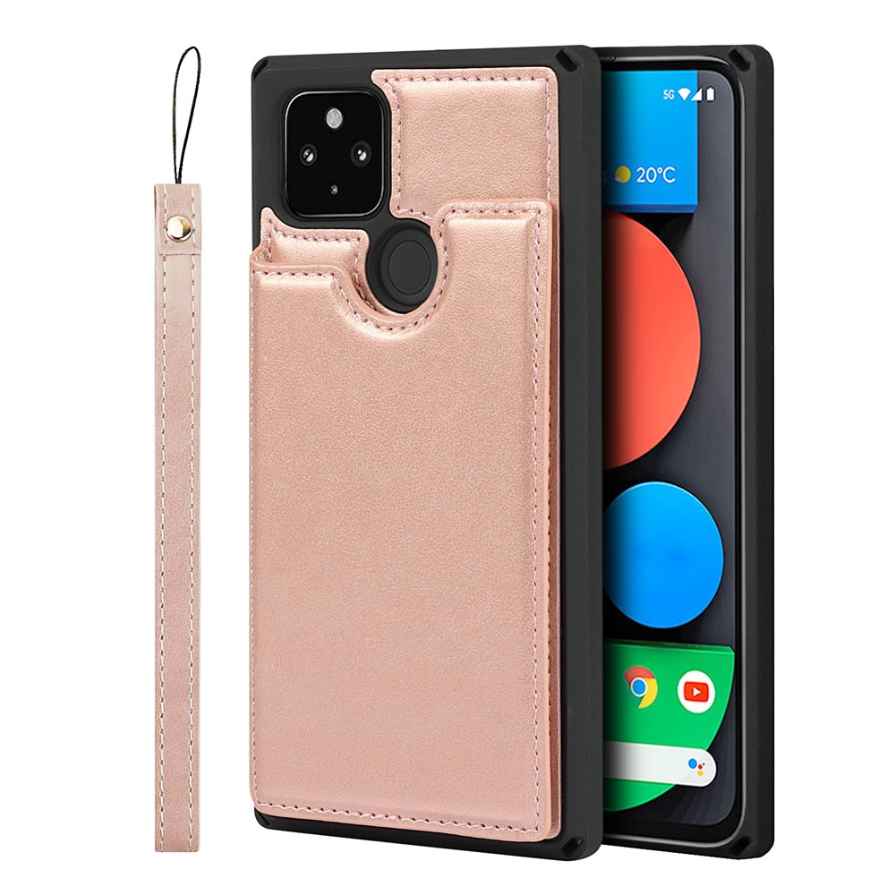 Well-Protected Kickstand Card Slots PU Leather + TPU Hybrid Phone Case with Strap for Google Pixel 4a 5G - Rose Gold-10