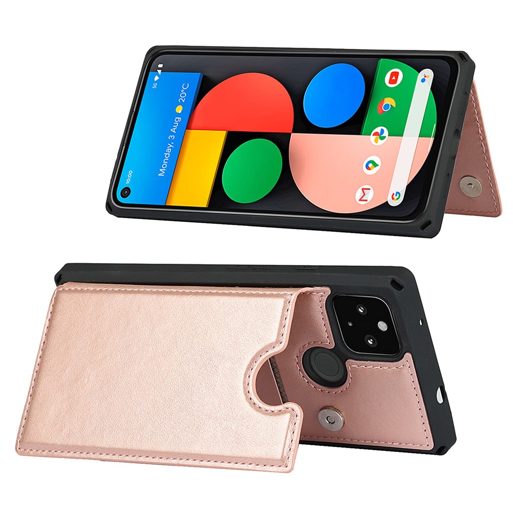 Well-Protected Kickstand Card Slots PU Leather + TPU Hybrid Phone Case with Strap for Google Pixel 4a 5G - Rose Gold-2