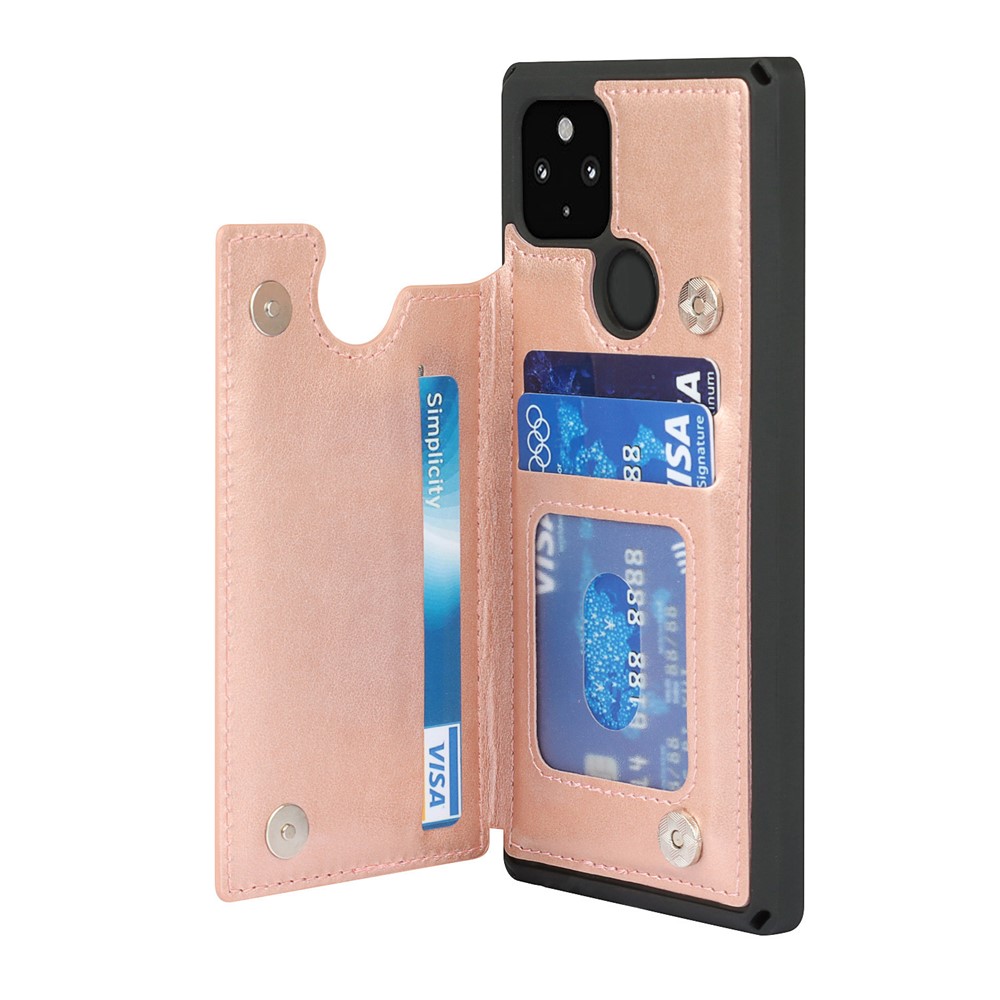 Well-Protected Kickstand Card Slots PU Leather + TPU Hybrid Phone Case with Strap for Google Pixel 4a 5G - Rose Gold-3