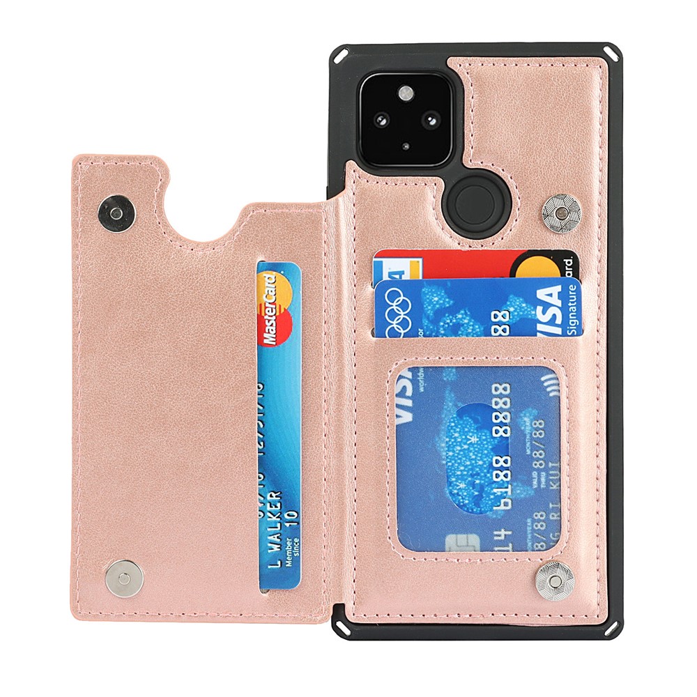 Well-Protected Kickstand Card Slots PU Leather + TPU Hybrid Phone Case with Strap for Google Pixel 4a 5G - Rose Gold-6