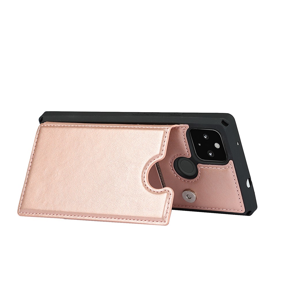 Well-Protected Kickstand Card Slots PU Leather + TPU Hybrid Phone Case with Strap for Google Pixel 4a 5G - Rose Gold-7