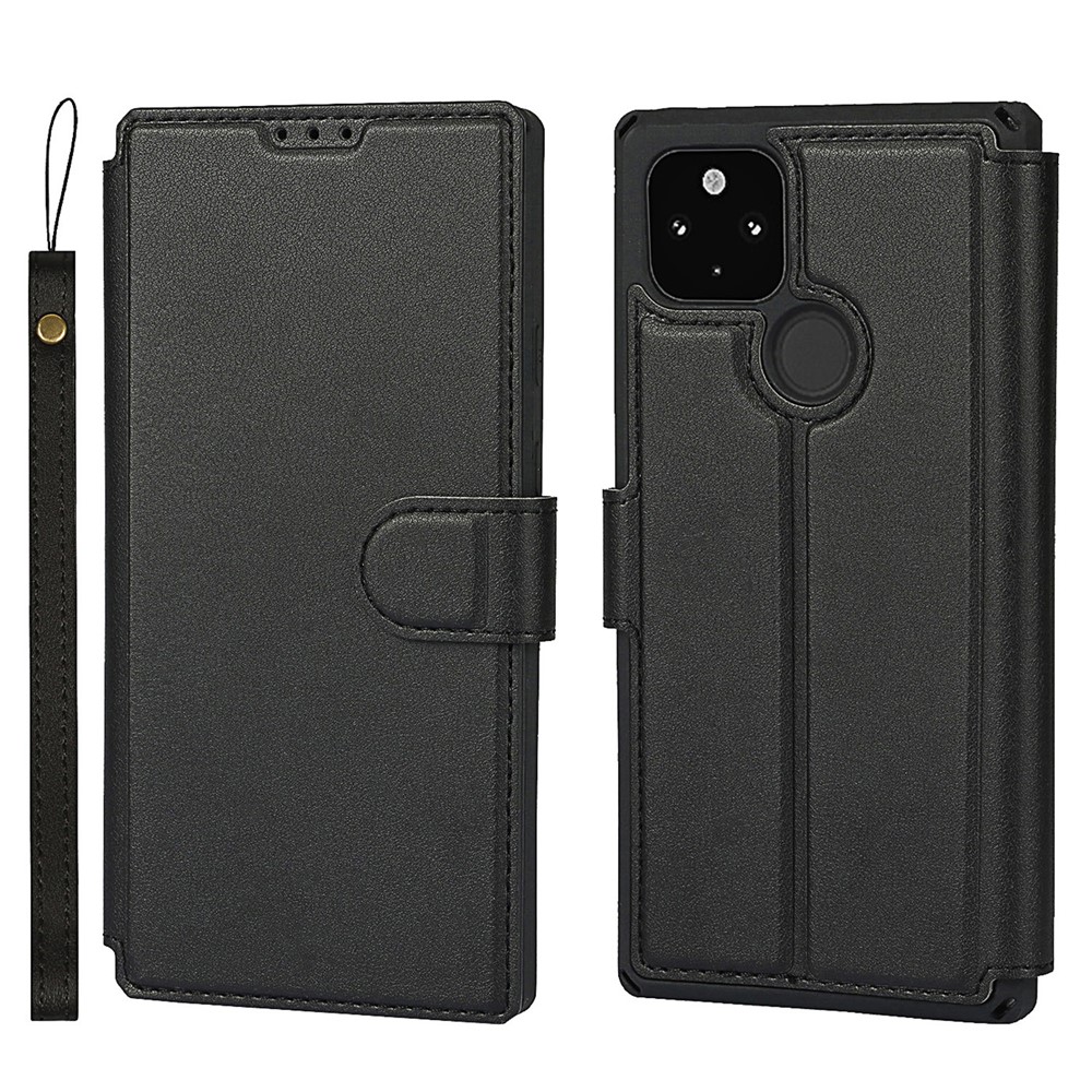 PU Leather Wallet Phone Cover with Wrist Strap for Google Pixel 5 - Black-1