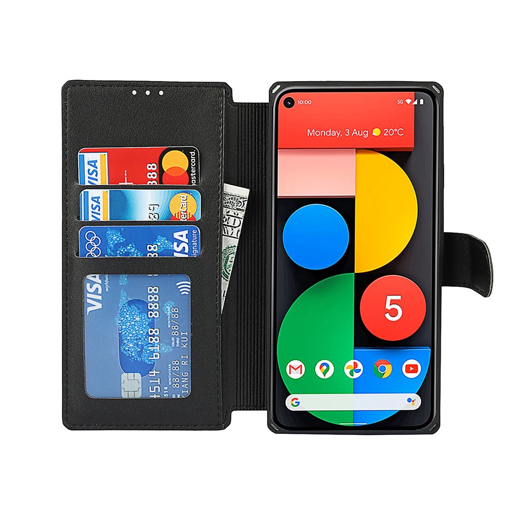 PU Leather Wallet Phone Cover with Wrist Strap for Google Pixel 5 - Black-4