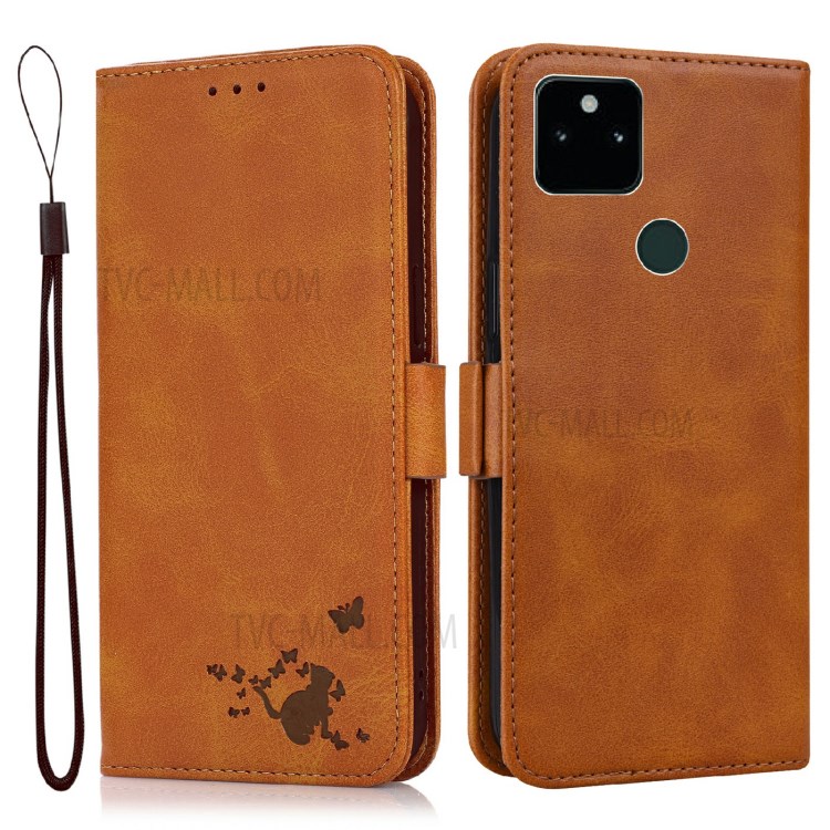 Cat and Butterfly Imprinted All-round Shockproof Phone Cover Shell with Wallet Stand Design for Google Pixel 5a 5G - Orange-1