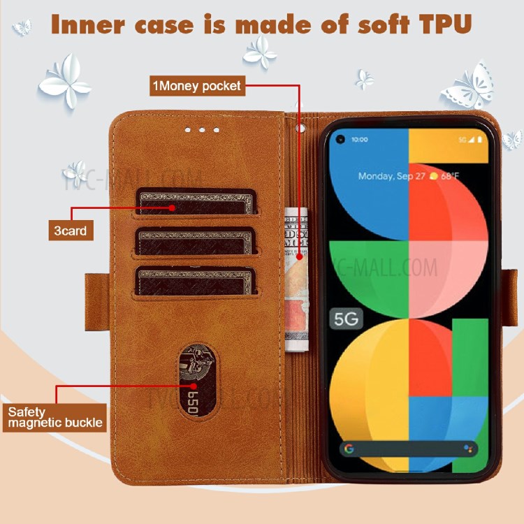 Cat and Butterfly Imprinted All-round Shockproof Phone Cover Shell with Wallet Stand Design for Google Pixel 5a 5G - Orange-3