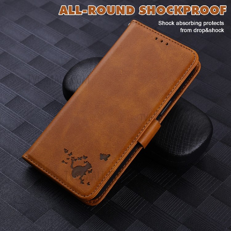 Cat and Butterfly Imprinted All-round Shockproof Phone Cover Shell with Wallet Stand Design for Google Pixel 5a 5G - Orange-5
