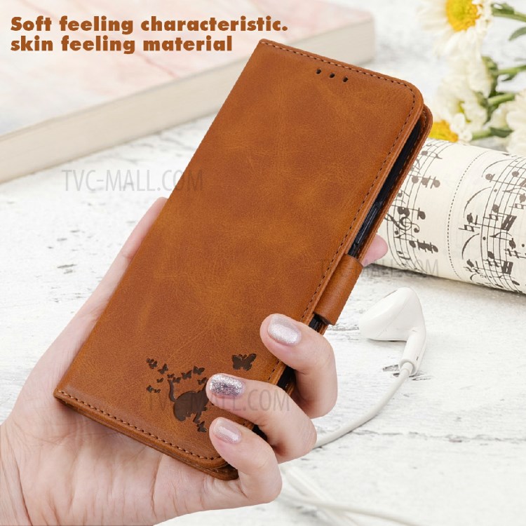 Cat and Butterfly Imprinted All-round Shockproof Phone Cover Shell with Wallet Stand Design for Google Pixel 5a 5G - Orange-6