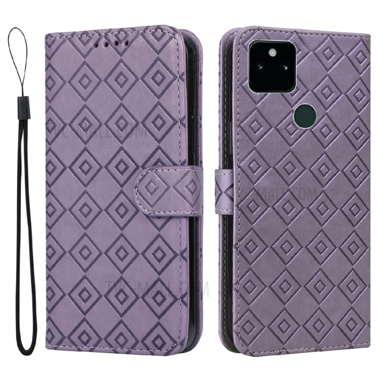 Grid Imprint PU Leather Flip Protective Phone Case Wallet Cover with Standing Function for Google Pixel 5a 5G - Purple-1