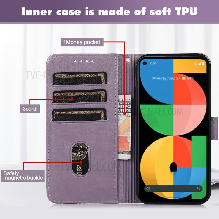 Grid Imprint PU Leather Flip Protective Phone Case Wallet Cover with Standing Function for Google Pixel 5a 5G - Purple-3