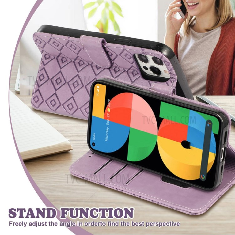 Grid Imprint PU Leather Flip Protective Phone Case Wallet Cover with Standing Function for Google Pixel 5a 5G - Purple-4