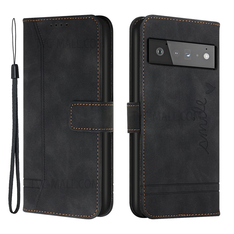 Heart Shape Imprinted Skin-Touch Dual-Sided Magnetic Clasp Handy Strap Wallet Stand PU Leather Phone Case for Google Pixel 6 Pro - Black-1